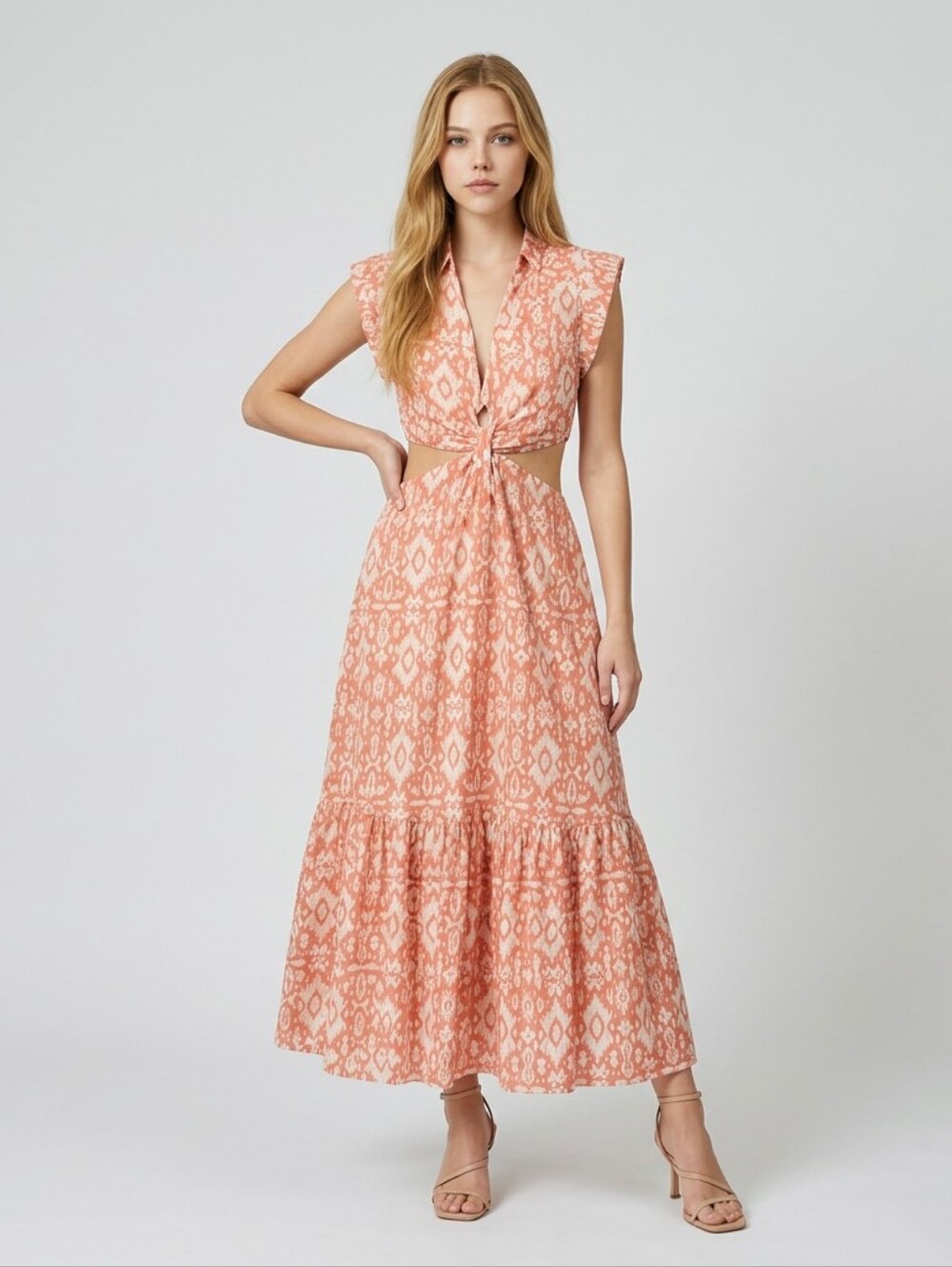 BB Dakota Steve Madden Ruffle Tie-Front Dress Medium Rust Cream Geometric Cotton